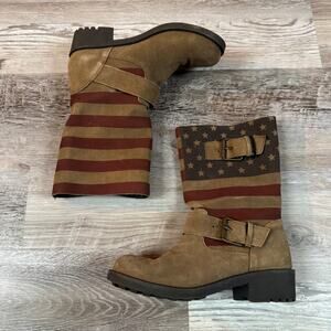 Sbicca American Flag Suede Mid Calf Moto Boots Lug Sole USA Style Size 7